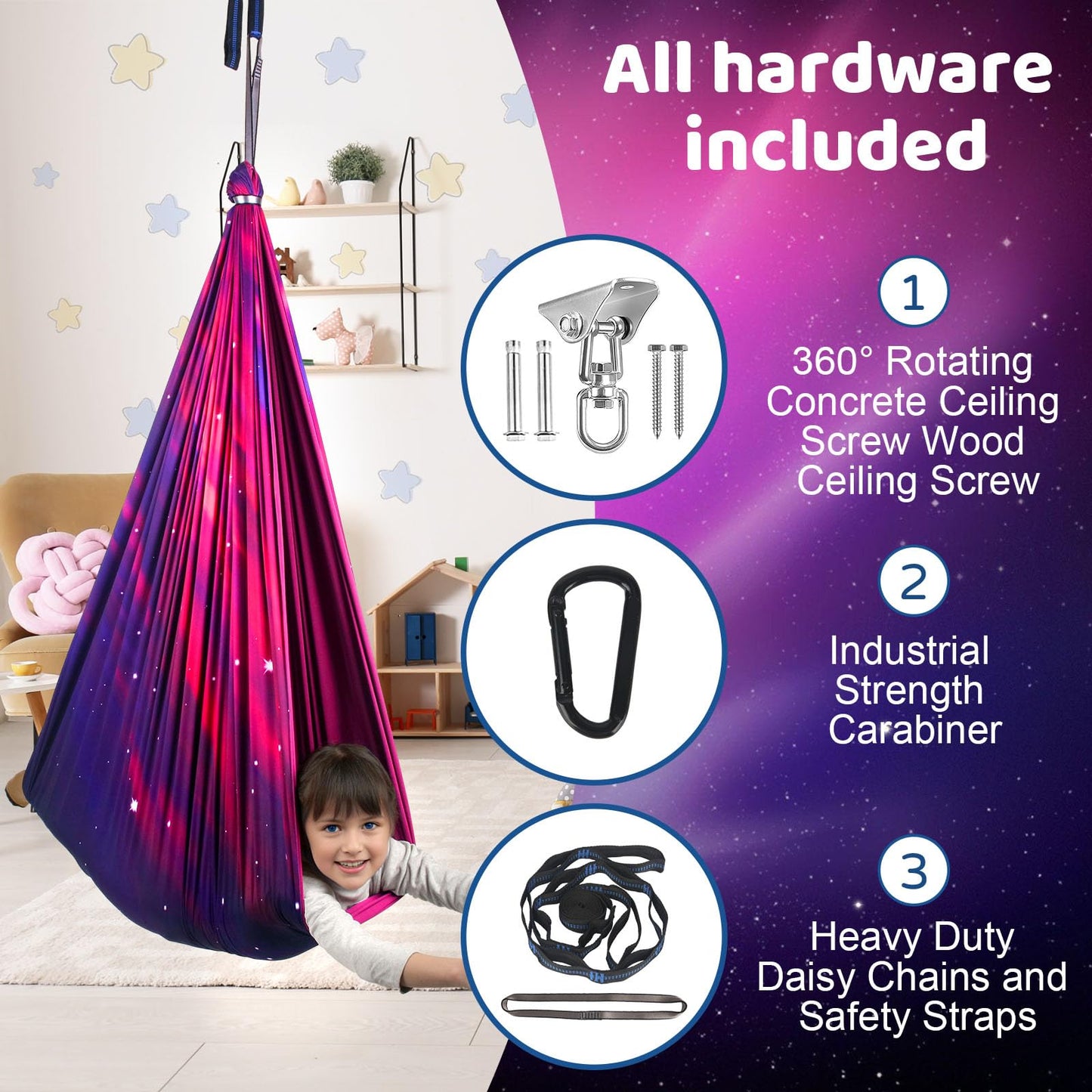 HiCamer Double Layer Sensory Swing for Kids & Adults Holds up to 300lbs Indoor and Outdoor Therapy Cuddle Swing with 360° Swivel Hanger Kit Adjustable with Aspergers Autism ADHD (Galaxy Purple)
