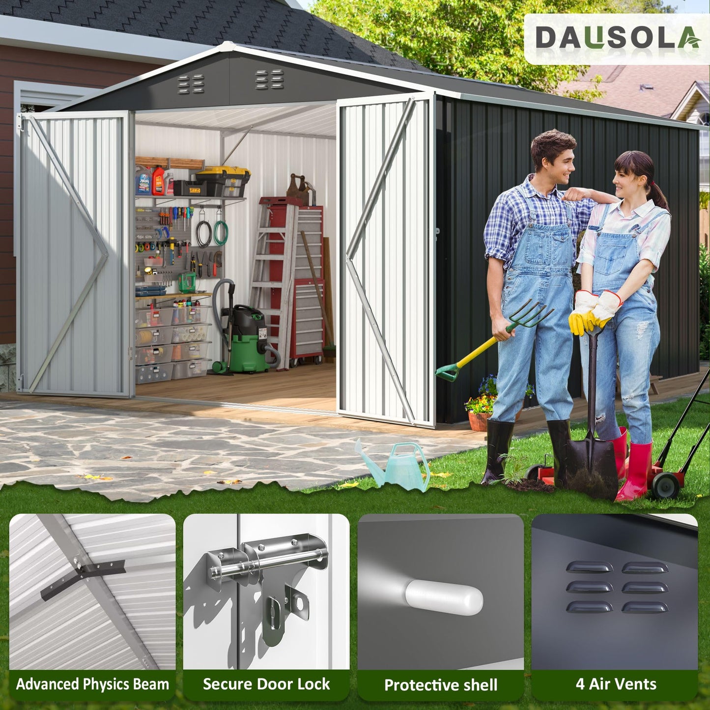 DAUSOLA 8.2x12 FT Outdoor Storage Shed, Metal Garden Tool Shed with Updated Frame Structure and Lockable Doors, Ideal for Backyard Garden Patio Lawn, Grey