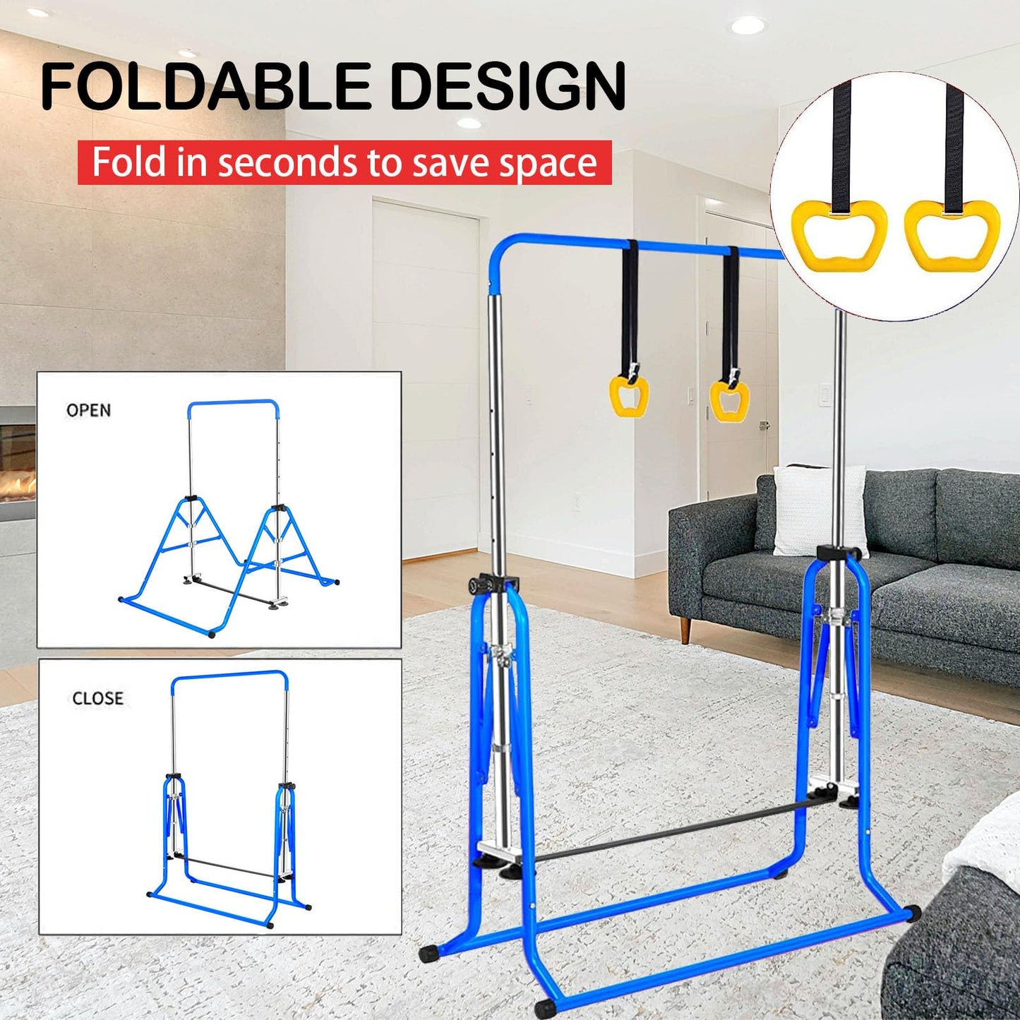 FCOUMY Gymnastics Horizontal Bar, Junior Training Kip Bar Gymnastics Equipment for Home, Adjustable Telescopic Height Folding Horizontal Bar with Gymnastic Rings for 3-12 Years Old Kids