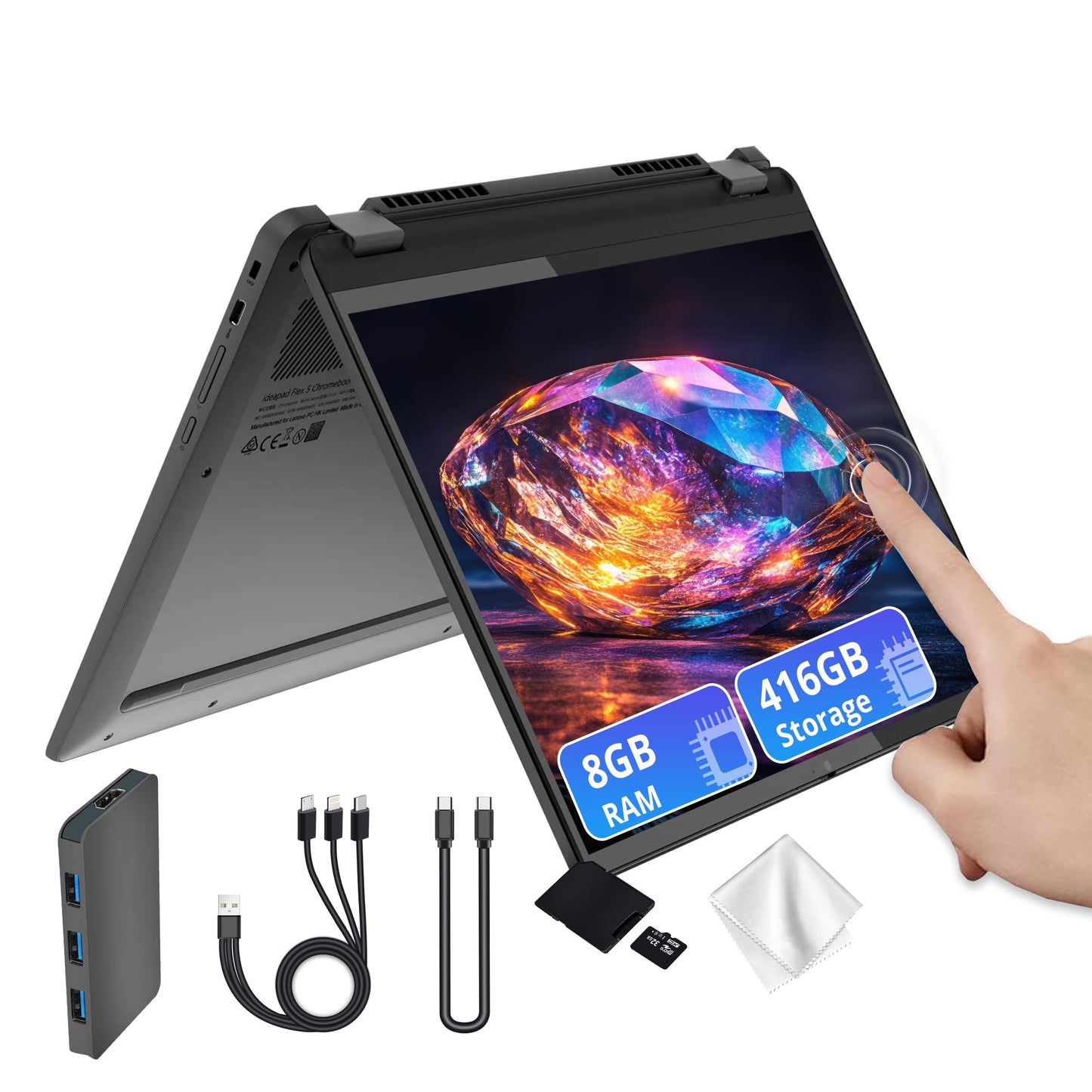 Lenovo Flex 5i Chromebook Plus 14" WUXGA Touchscreen 2-in-1 Laptop, Intel Core i5-1334U, 8GB LPDDR4x, 416GB Storage (256GB SSD&160GB Docking Station), Backlit Keyboard, FHD Camera, Chrome OS, Gray