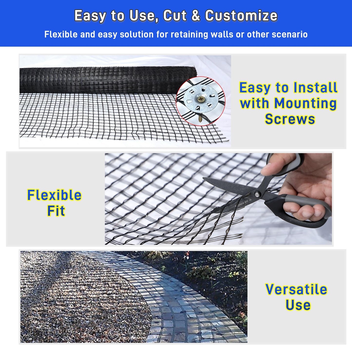 Universal Geogrid Roll 3.84ft x 164ft Retaining Wall Fiberglass Geogrid, 50KN Tensile Strength Driveway Ground Gravel Grid with Mounting Screws for Asphalt Pavement and Soil Road Slope Reinforcement