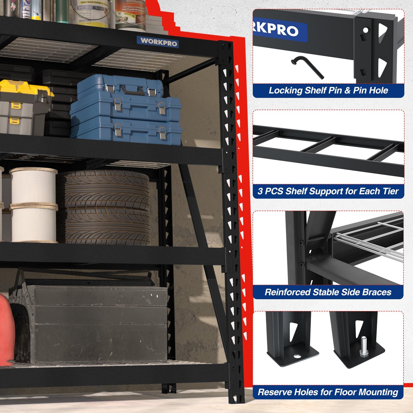 WORKPRO Garage Shelving, 68"W x 24"D x 65"H, 7200 LBS Load, Heavy Duty Metal Shelves for Storage, Industrial Shelving Storage Rack for Warehouse Kitchen Shop Basement, Black, Pack of 1