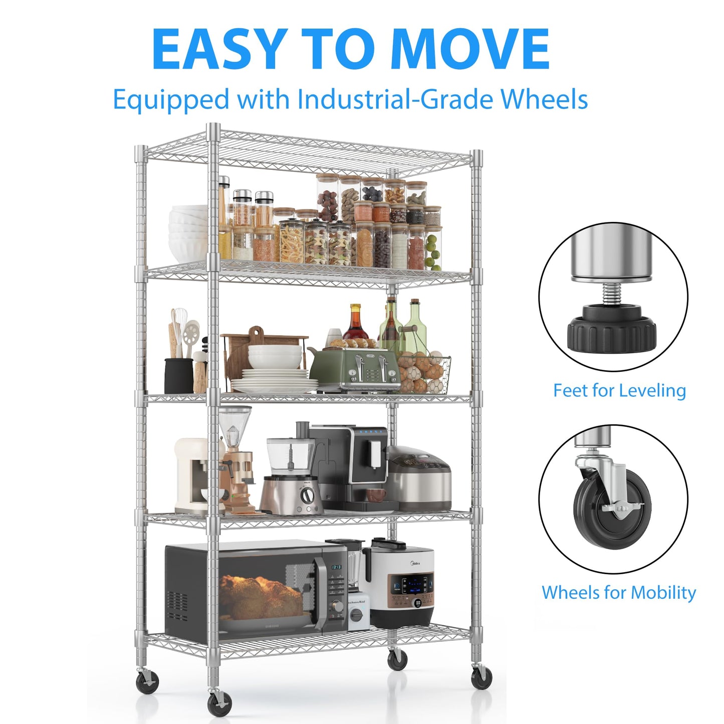 Homdox Heavy Duty Storage Shelves, 5 Tier Wire Shelving Unit with Wheels, Commercial Adjustable Metal Shelves for Storage, Garage Rack Pantry Shelves Kitchen Shelving, 18"x36"x82", Chrome
