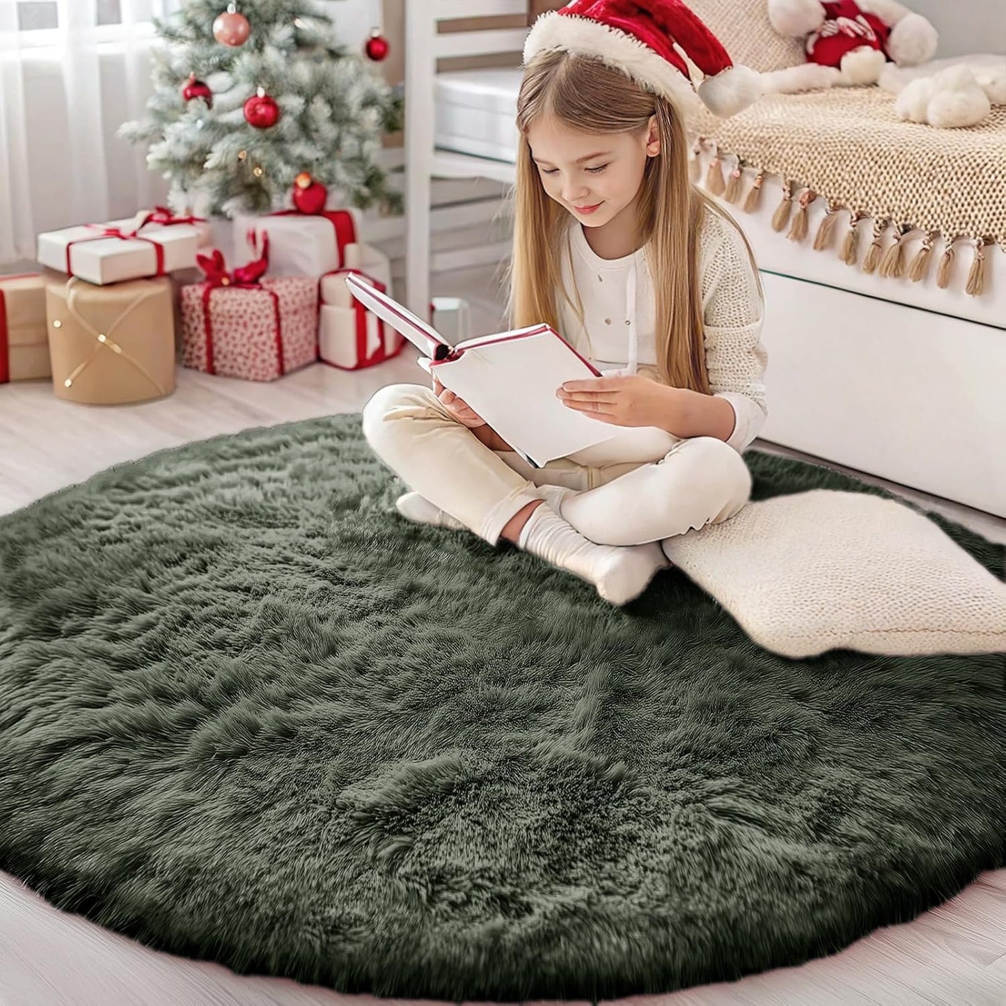 OLANLY Olive Green Round Rug - Soft, Fluffy, Machine Washable 4 ft Circle Area Rug for Bedroom & Living Room