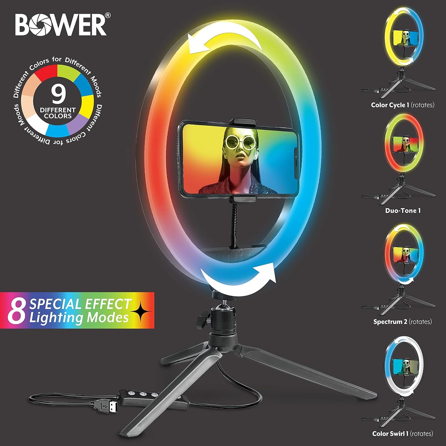 Bower 10 inch 9 12 RGB Selfie Desktop Ring Light Stand Studio Kit - Ultra Wide Range, Colors, Brightness Levels