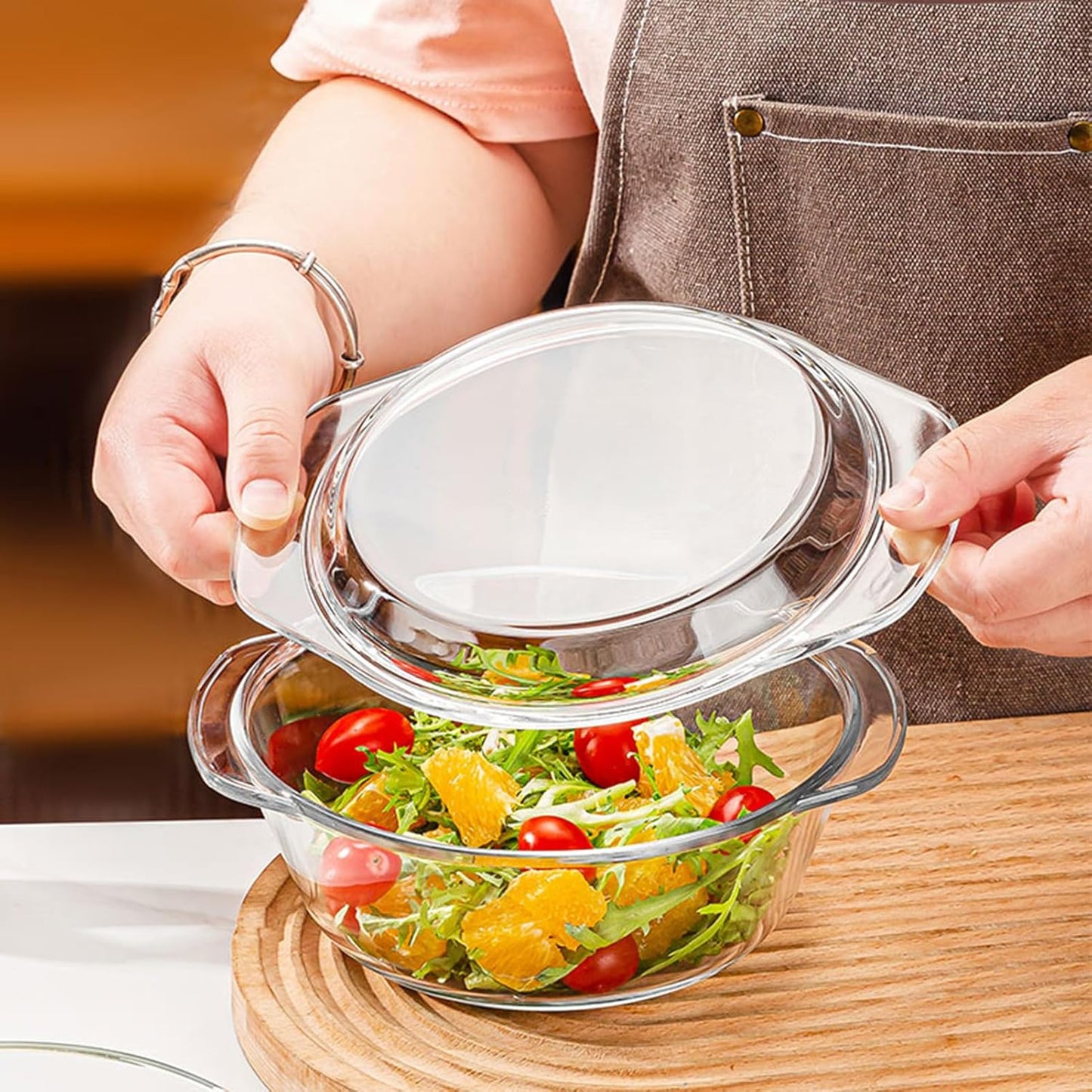 Skiennix Casserole Baking Dish - 2-Piece Mini Round Set with Handle & Lid | 3/4 Quart, Tempered Glass, Oven Safe