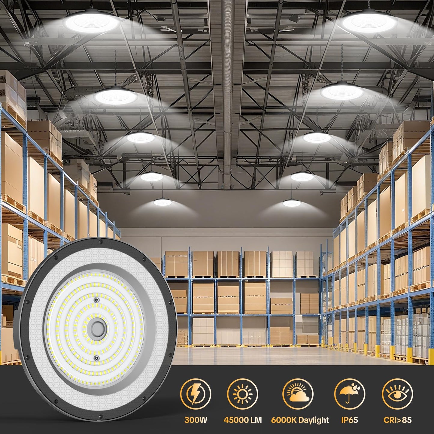 AIKVSXER 300W UFO High Bay Light 45000LM LED Shop Light 6000K Daylight IP65 Waterproof for Warehouse Garage Barn Factory Workshop 5ft Plug & Play 6 Pack