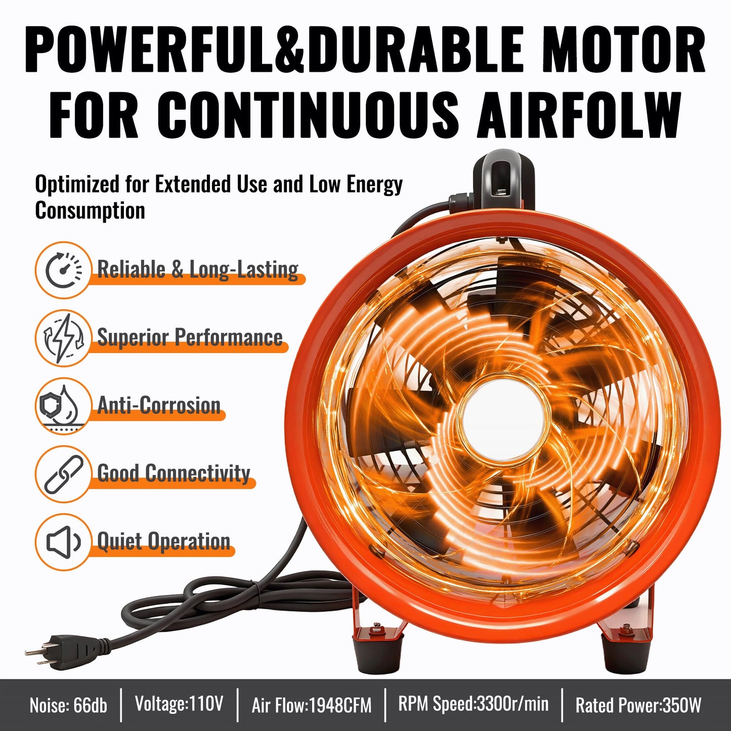 dreamdragon Upgraded 10-Inch Utility Blower Fan，Portable Industrial Exhaust Fan with 16.4ft Flexible Duct Hose，3300 RPM Low-Noise Ventilator for Workshops Warehouses and Basements
