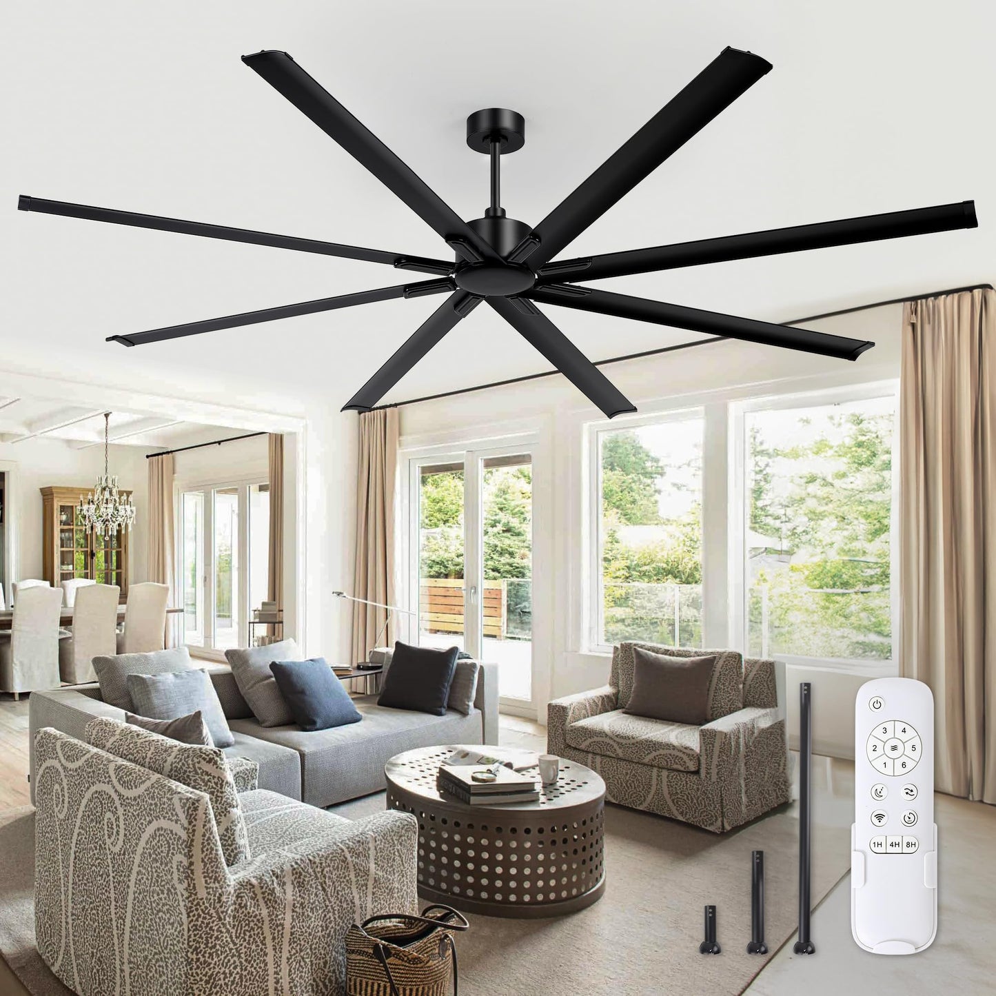 ZMISHIBO 96 Inch Ceiling Fans No Light, Large Industrial Ceiling Fan with 8 Aluminium Blades, Quiet DC Motor, 6 Speeds, Modern Ceiling Fan without Light for Garage/shop/living room,Black