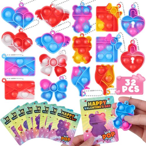 Amy&Benton 32 Pcs Mini Pop Bubble Fidget Toys, 8 Design Pop Squeeze Fidget Keychain Toys with Gifts Cards for Party Favors, Goodie Bag Stuffers Gifts for Kids School Classroom Exchange Game Prizes