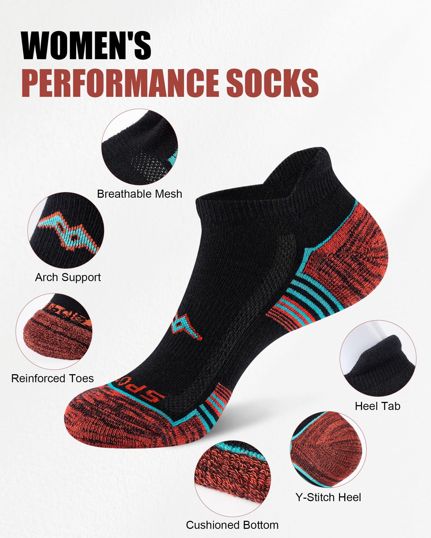 SukModen Women's Performance Athletic Socks 6/12 Pairs, Cotton Ankle Socks with Heel Tab & Cushioned Sole for Running, Gym, Fitness, Multi-Color on Black, 6 Pairs, S