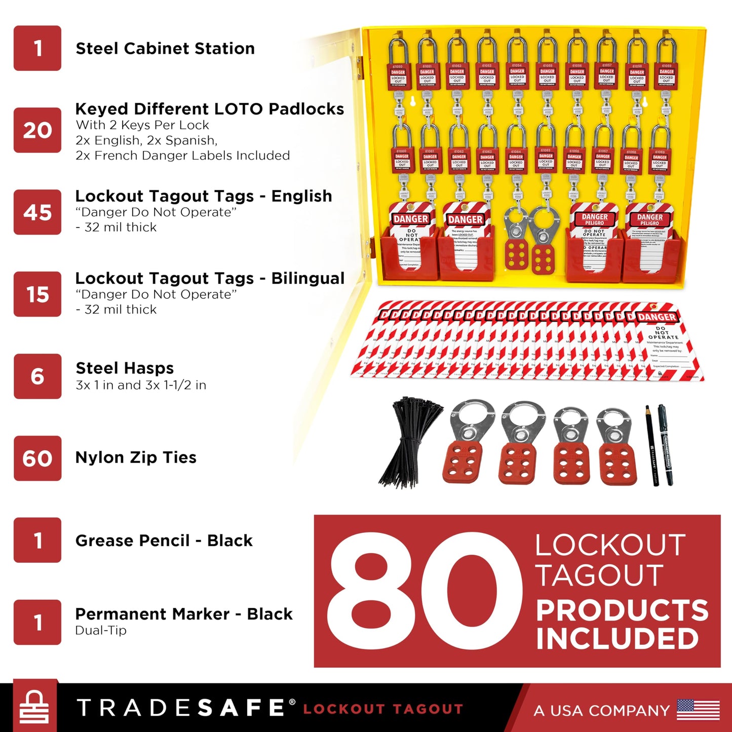 TRADESAFE Lockout Tagout Station with 20 Keyed Different Loto Locks, 6 Lockout Hasps, 60 Lock Out Tags, Lock Out Tag Out Kit Station, Lock Out Kit Cabinet 22-1/2 x 18 x 3 inches