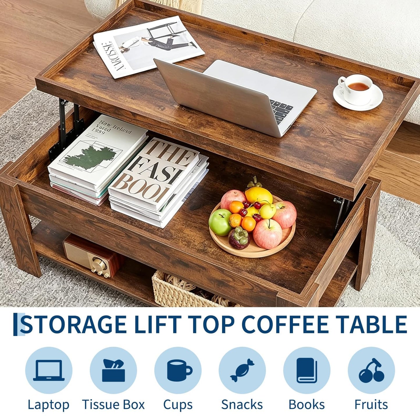 Lift Top Coffee Table with Hidden Storage, Modern Rising Tabletop Desk for Small Spaces, Wood Center Table with Large Compartment and Shelf for Living Room Apartment Dorm