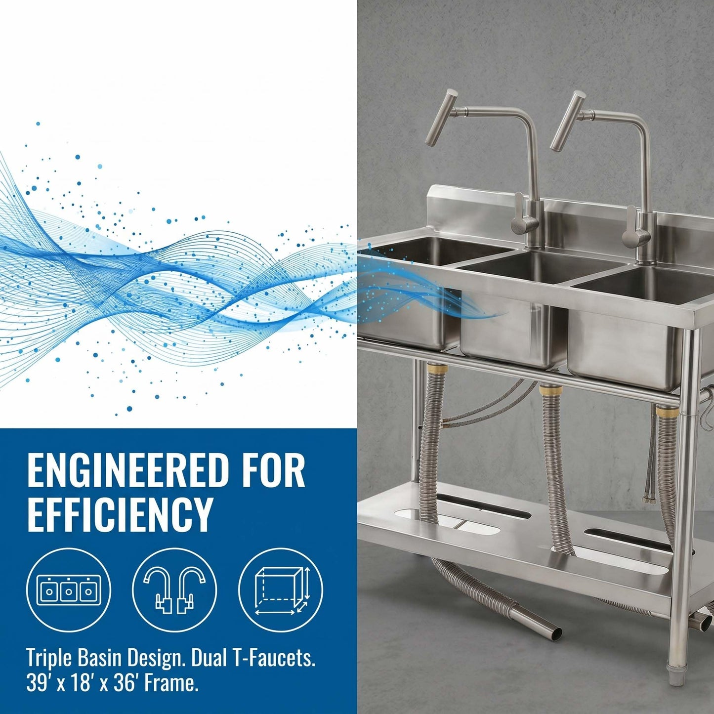 Utility Sink Freestanding Three Bowl Stainless Steel Sink, 39 x 18 x 36 Inch, No Drawer Stand and Two T-Shaped Faucets, Laundry Sink for Kitchen, Bathroom, Garage and Patio