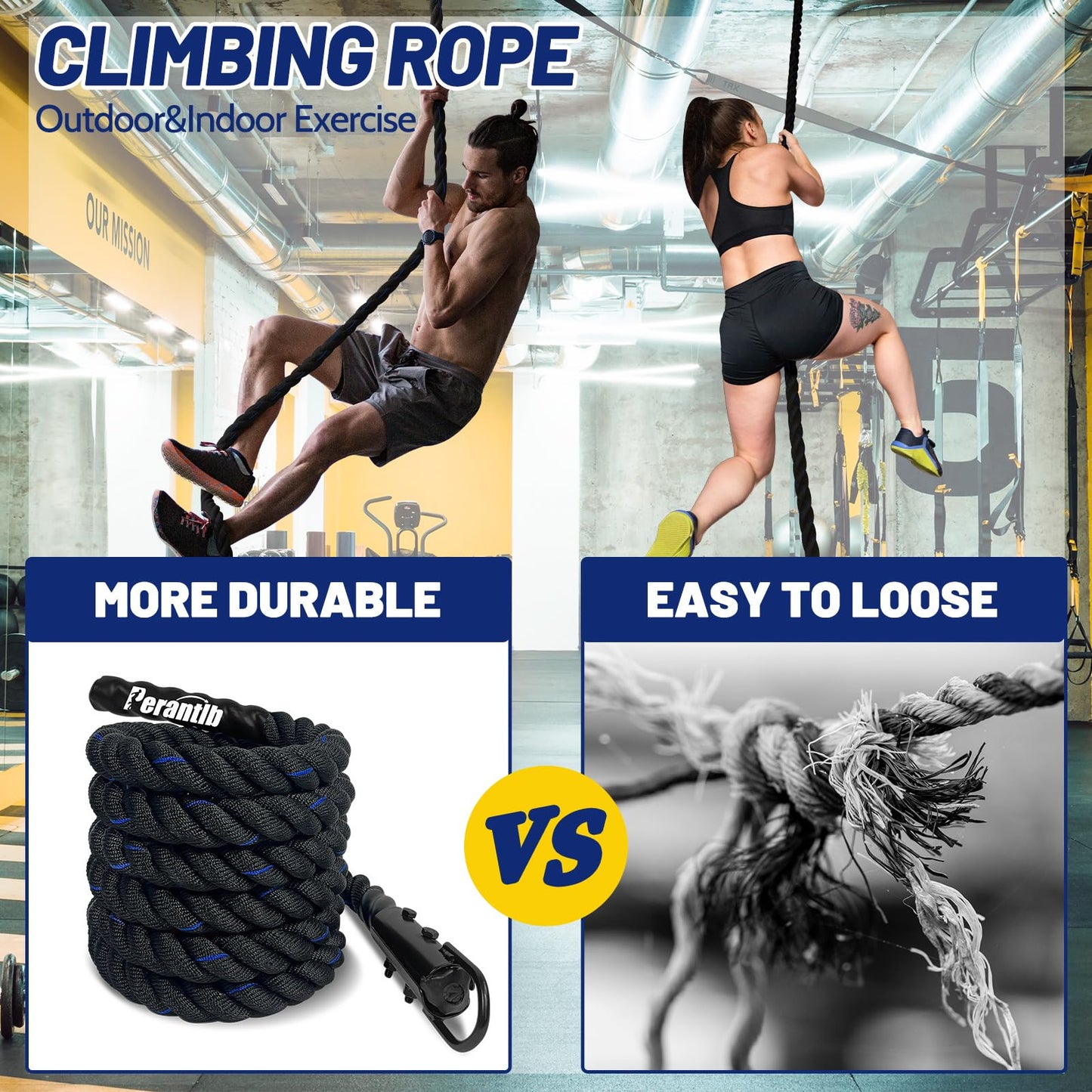 100% Polyester Climbing Rope with Hooks - Heavy Duty 1000LBS Load Capacity, 1.5inch Diameter, 10,15,20,25,30,50ft Length for Outdoor Rock Climbing, Rescue & Escape (20ft)