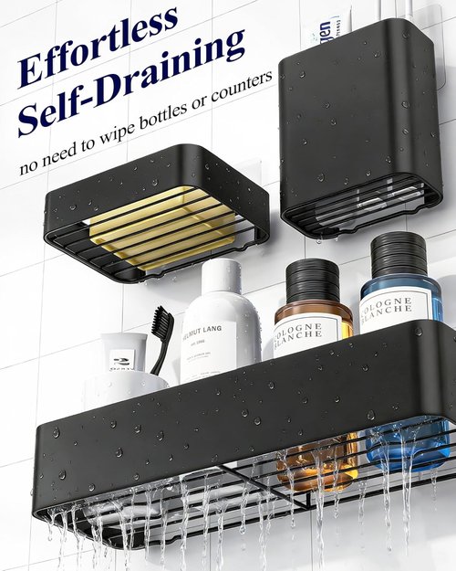 Kitsure Shower Caddy Adhesive - Stylish No-Drill Bathroom Organizer with Soap Holder & Hooks | Large Black 6-Pack