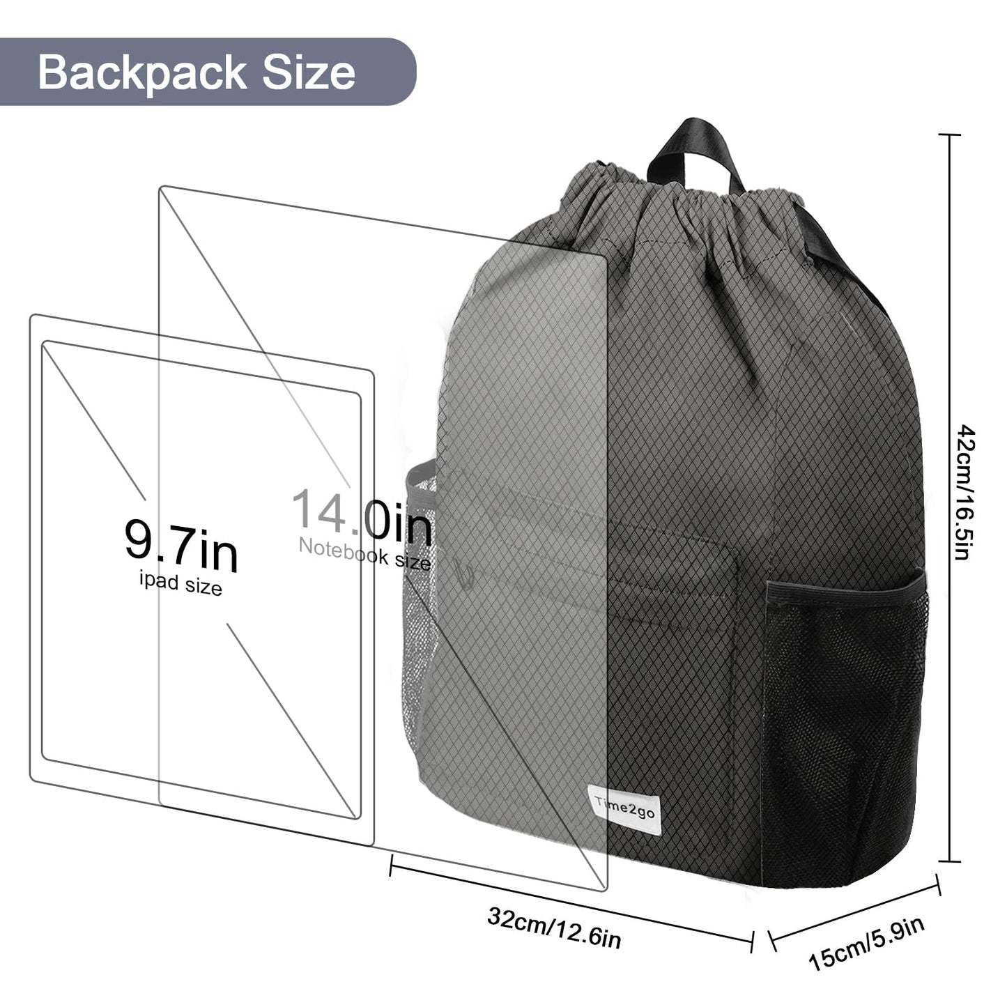 time2go Waterproof Drawstring Backpack Sports Gym Sackpack with Mesh Pockets Water-Resistant String Cinch Beach Bag for Men Women