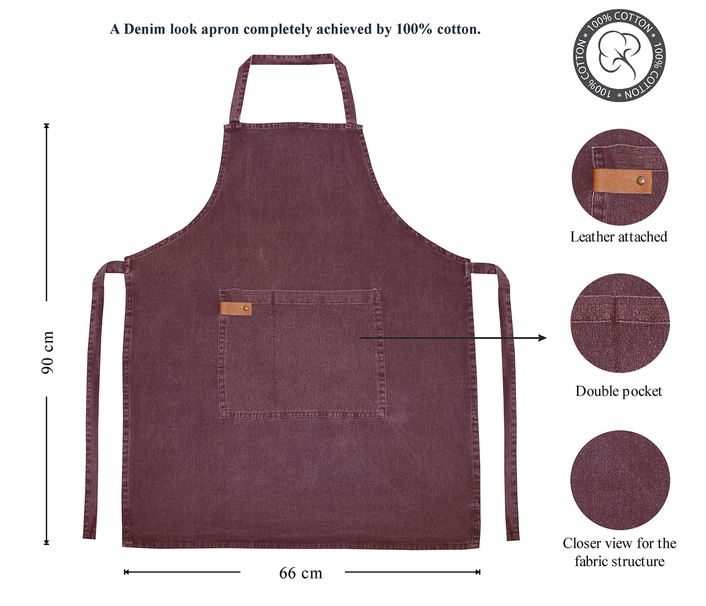 AKCOT 100% Cotton washed Apron with Pocket and Adjustable Neck with Long Ties Apron 25" X 31" for Women Men Chef Cooking, Baking, Gardening, Brown