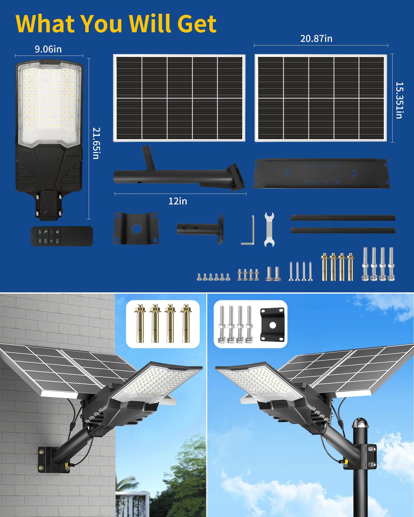Gefolly SL-18000W Solar Street Lights Outdoor, Commercial Parking Lot Light Dusk to Dawn IP67 Waterproof 6500K Security Flood Lights Lamp for Yard, Road, Basketball Courts