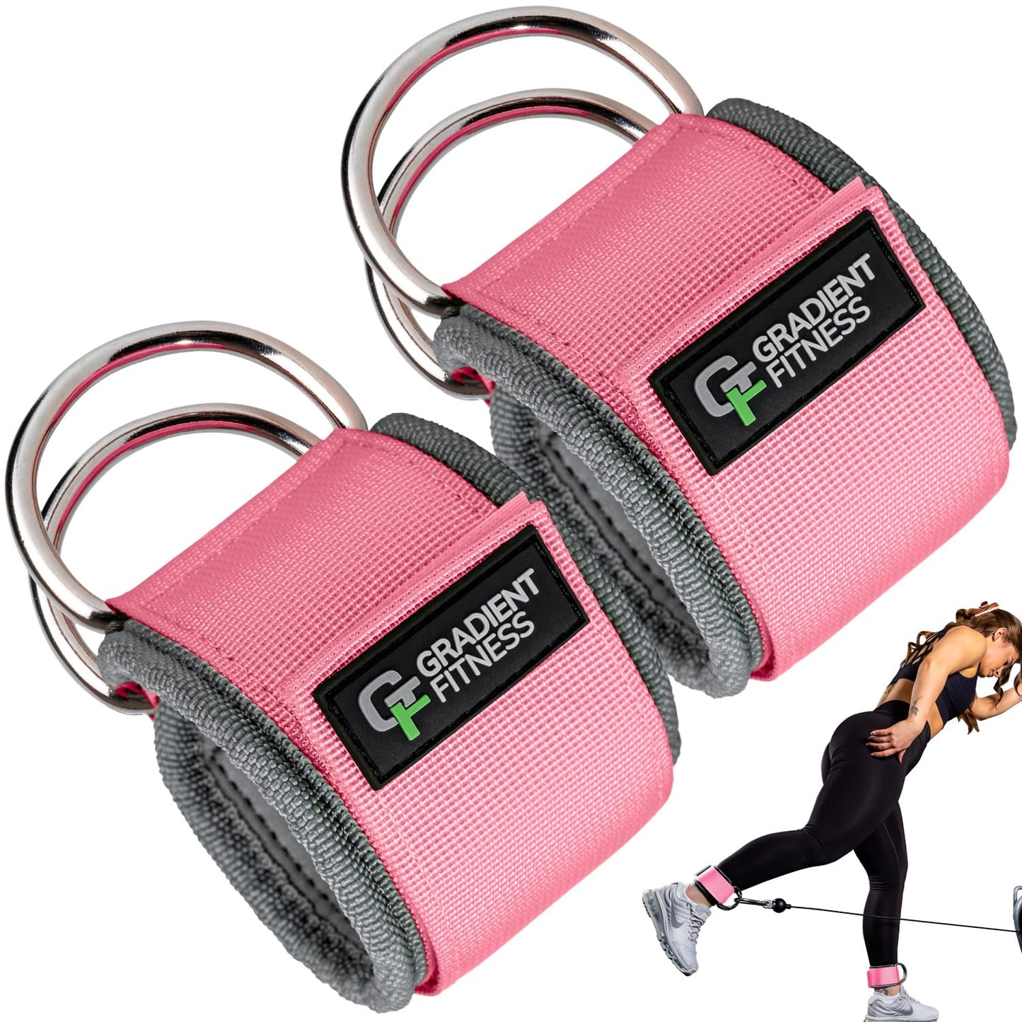 Gradient Fitness Ankle Straps (2 Pack) | Ankle Strap for Cable Machine, Ankle Bands for Working Out, Cable Ankle Strap, Cable Machine Attachment, Ankle Cable Attachments for Gym (Pink, 2 D-Rings)