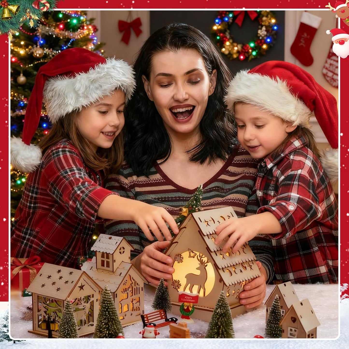 Skiennix 29-Piece Christmas Village Set - Lighted Wooden Houses & Miniature Trees for DIY Crafts
