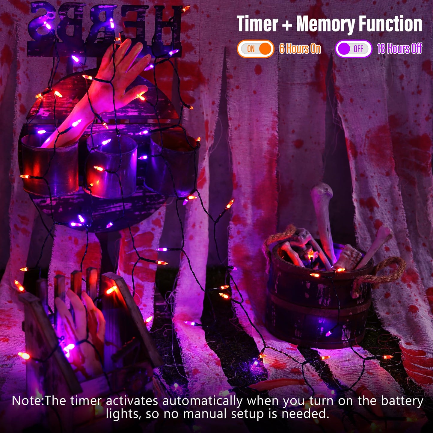 Lomotech Battery Operated Halloween Lights, 33ft, 100 LED, Orange & Purple, Waterproof, 8 Modes, Timer, Black Wire, 2 Pack