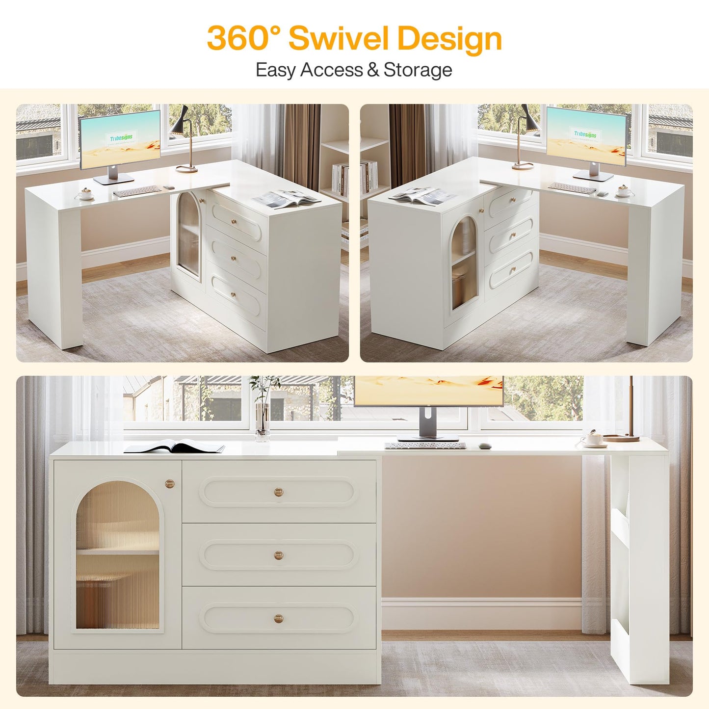 Tribesigns 78" L Shaped Desk with Storage, Modern Corner Desk with 3 Drawers for Small Space, Reversible L Shape Desk with Cabinet & Adjustable Shelves for Home Office Bedroom (White)