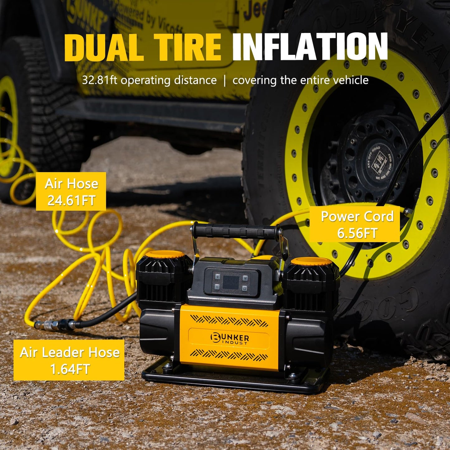 BUNKER INDUST 12V Air Compressor, Portable Inflator 12.3 CFM 150PSI Dual Tire Air Pump with LCD Control Panel Anderson-Style Plug for Off-Road 4x4 Vehicle, SUV, Truck