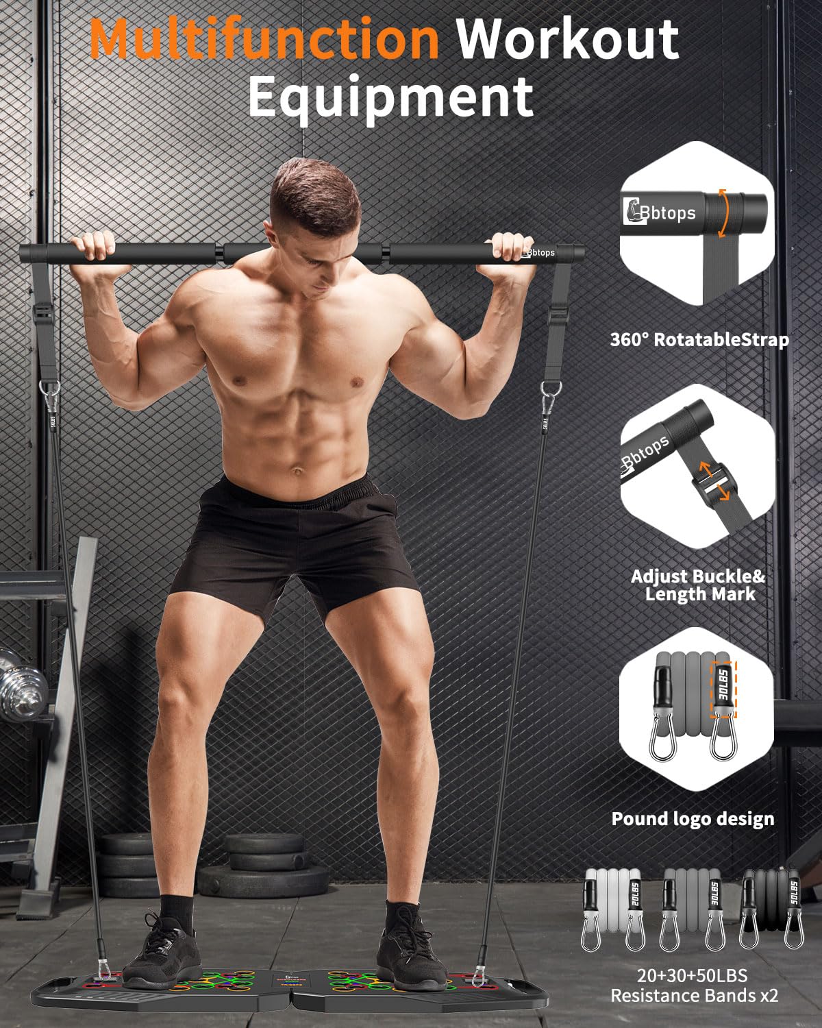 BBTOPS Push up Board, Pilates Bar & Ab Roller, 25-in-1 Foldable Push up Bar at Home Workout,Gym Exercise Professional Push ups bar Strength Training Equipment for Man and Women