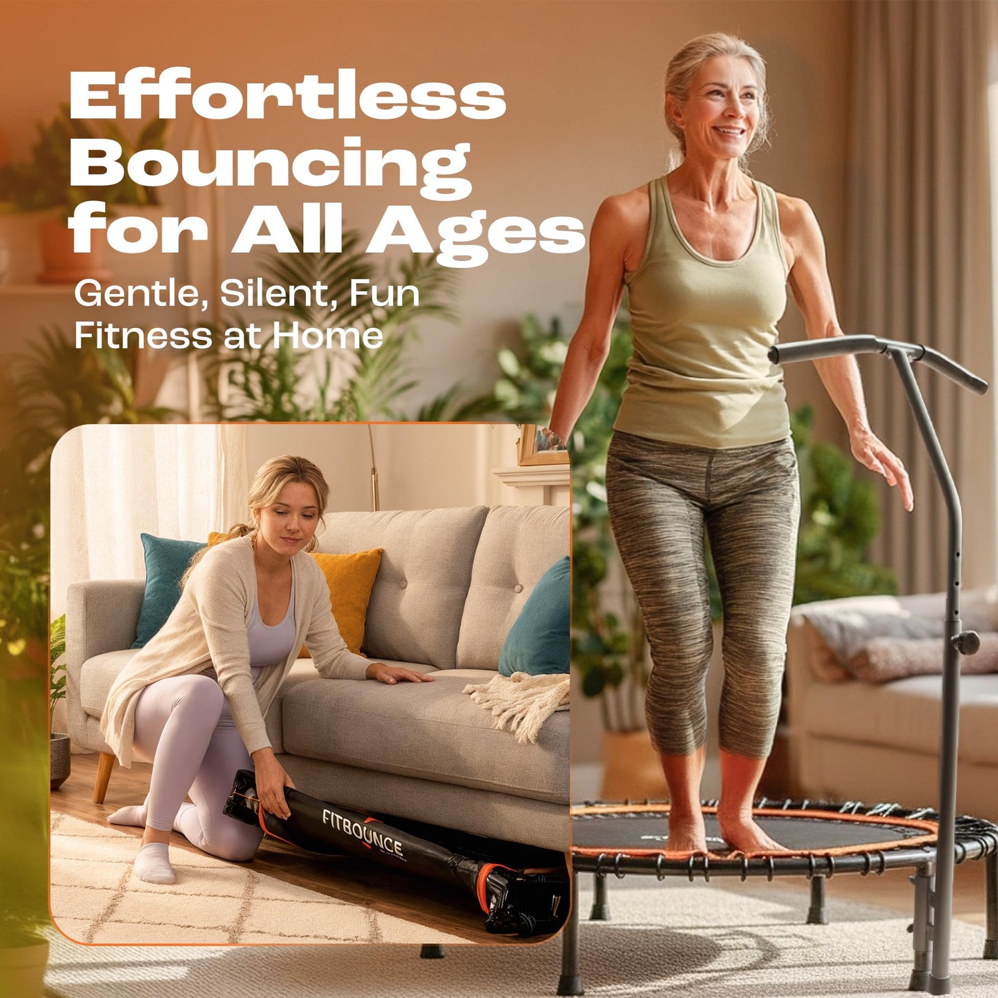 MXL FIT Bounce PRO Bungee Rebounder with T-Bar Handle - Premium Indoor Mini Trampoline for Adults, Silent Low-Impact Bounce, Half-Folding with Foldable Steel Legs & Carry Bag - 40 in, 400lb