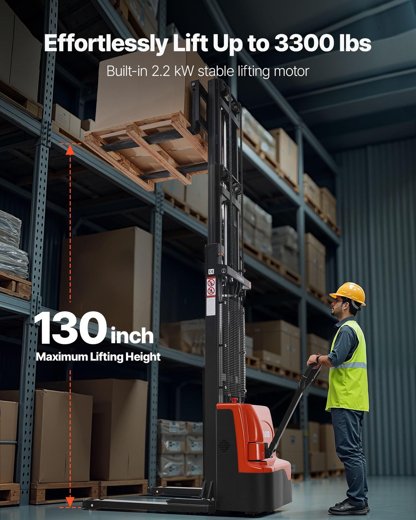 VEVOR Full Electric Pallet Stacker, 3300 lbs Capacity, 130'' Lifting Height, Pallet Lift Stacker Forklift with Straddle Legs & Forks, 8.66-31.1 Inches Adjustable Fork Width, Orange & Black