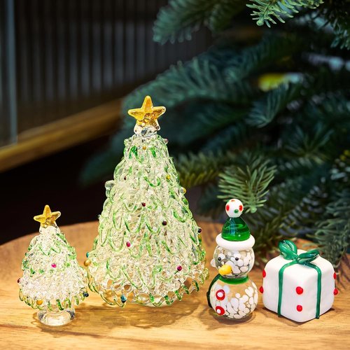HDCRYSTALGIFTS Mini Blown Glass Christmas Figurines - Set of 4 Festive Ornaments for Holiday Decor
