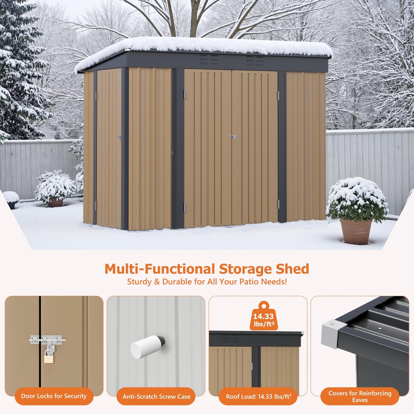 JUMMICO 8x4 FT Outdoor Storage Shed, Heavy Duty Tool Metal Sheds with 3 Lockable Doors and Updated Frame Structure for Backyard Patio Lawn, Brown