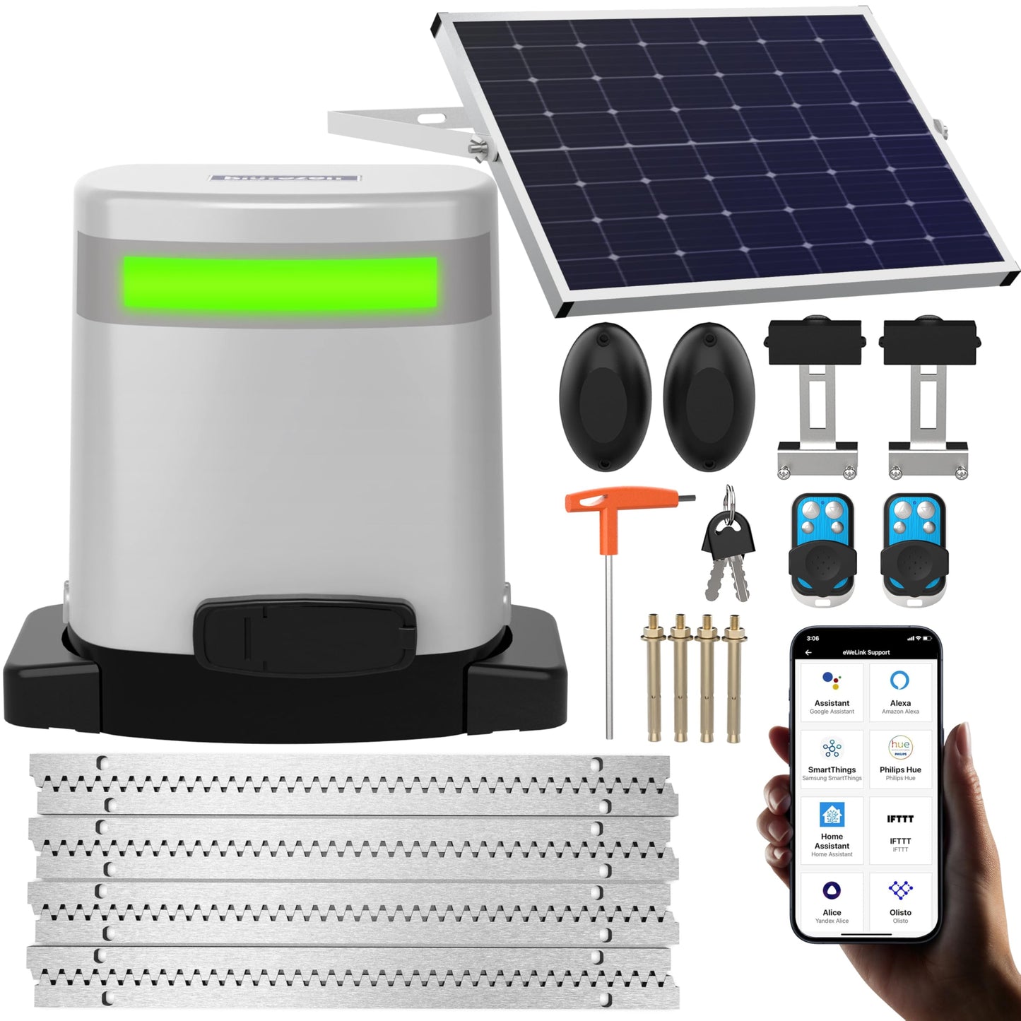 Blütezeit 1400lb Sliding Gate Opener, Solar Power | WiFi Control | Built-in Battery Backup, Rack Driven Automatic Slide Gate Motor with Remote Complete Kits (20W Solar Panel & Racks Incl.)
