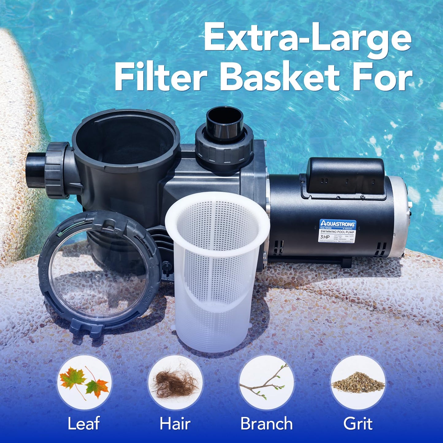 AQUASTRONG In/Above Ground Pool Pump Pure Copper Motor Energy Efficient High Flow Powerful Self Primming Swimming Pool Pumps with Filter Basket, Light Black