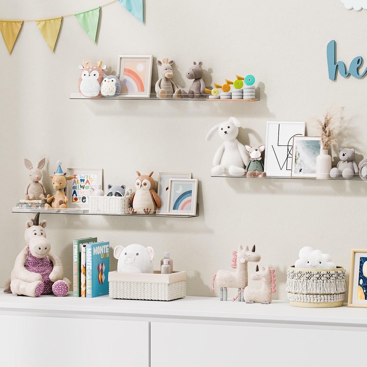 Upsimples 6 Pack Acrylic Floating Shelves - 15" x 4" Wall Storage for Kids' Rooms, Clear Display Organizers