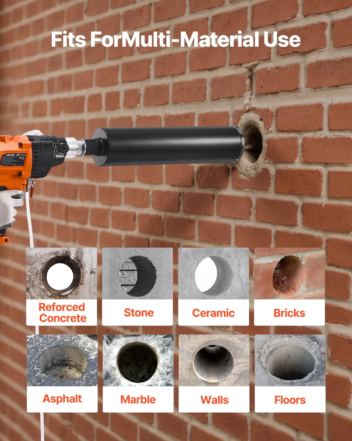 VEVOR Diamond Core Drilling Machine, 0.8-6.3 in Drilling Diameter, Handheld Dry and Wet Concrete Core Drill Rig with 4 Drill Bits, 0-1800RPM Variable Speed, UNC1 1/4-7, for Concrete Brick Stone, 2000W