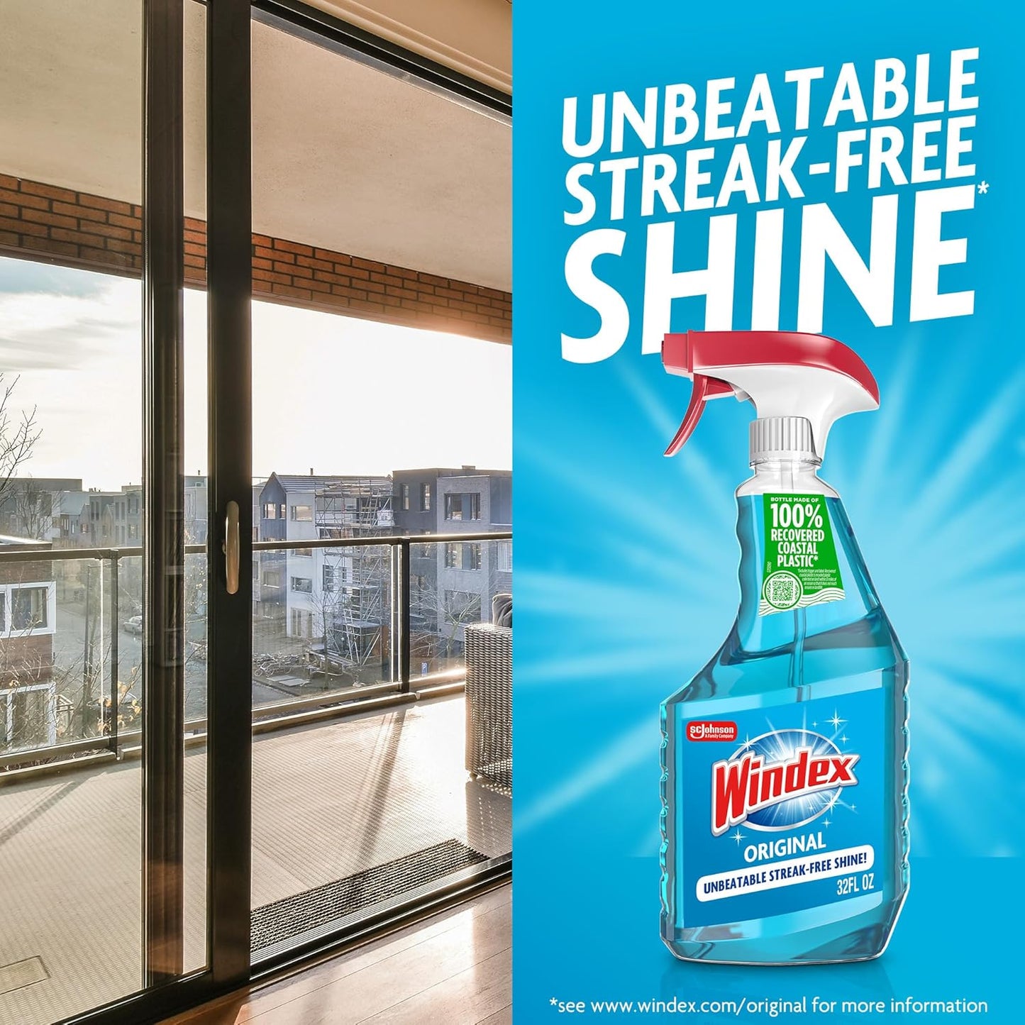 Windex Glass & Window Cleaner Refill - Eco-Friendly 100% Recycled Plastic, Original Blue Scent, 2L