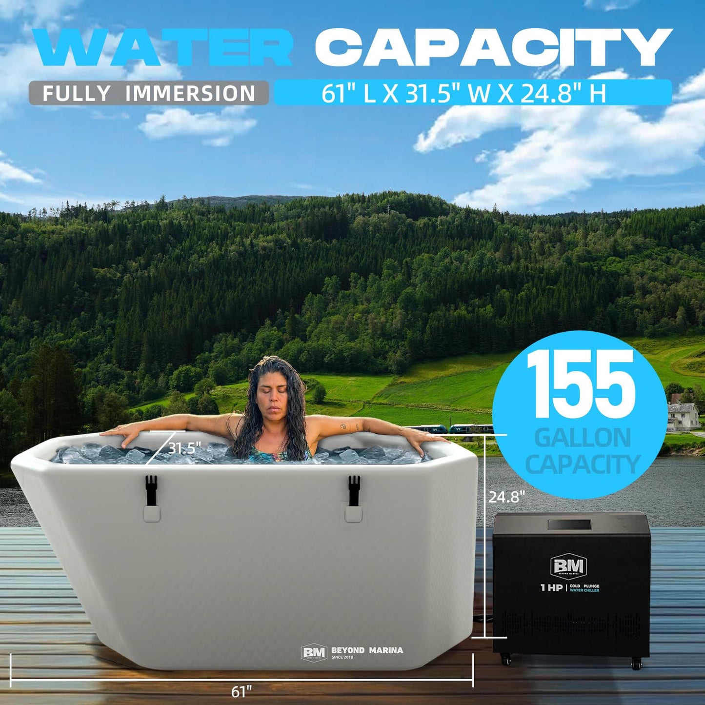 Inflatable Ice Bath Tub for Athletes - Slanted-Edge Cold Plunge Tub Compatible Water Chiller, Insulated Lid, EVA Groundsheet, Backpack, 155 Gallon, 61" L x 31.5" W x 24.8" H
