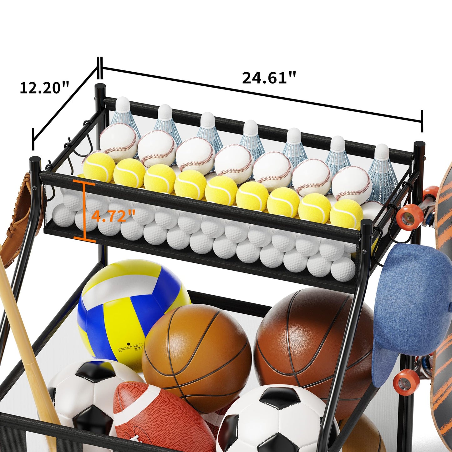 CACHOLIV Garage Sports Equipment Organizer with Wheels - Garage Ball Storage with Elastic Rope and 6 Hooks - Home Gym Storage for Basketball Soccer - Outdoor Storage Rack for School Playground (Black)