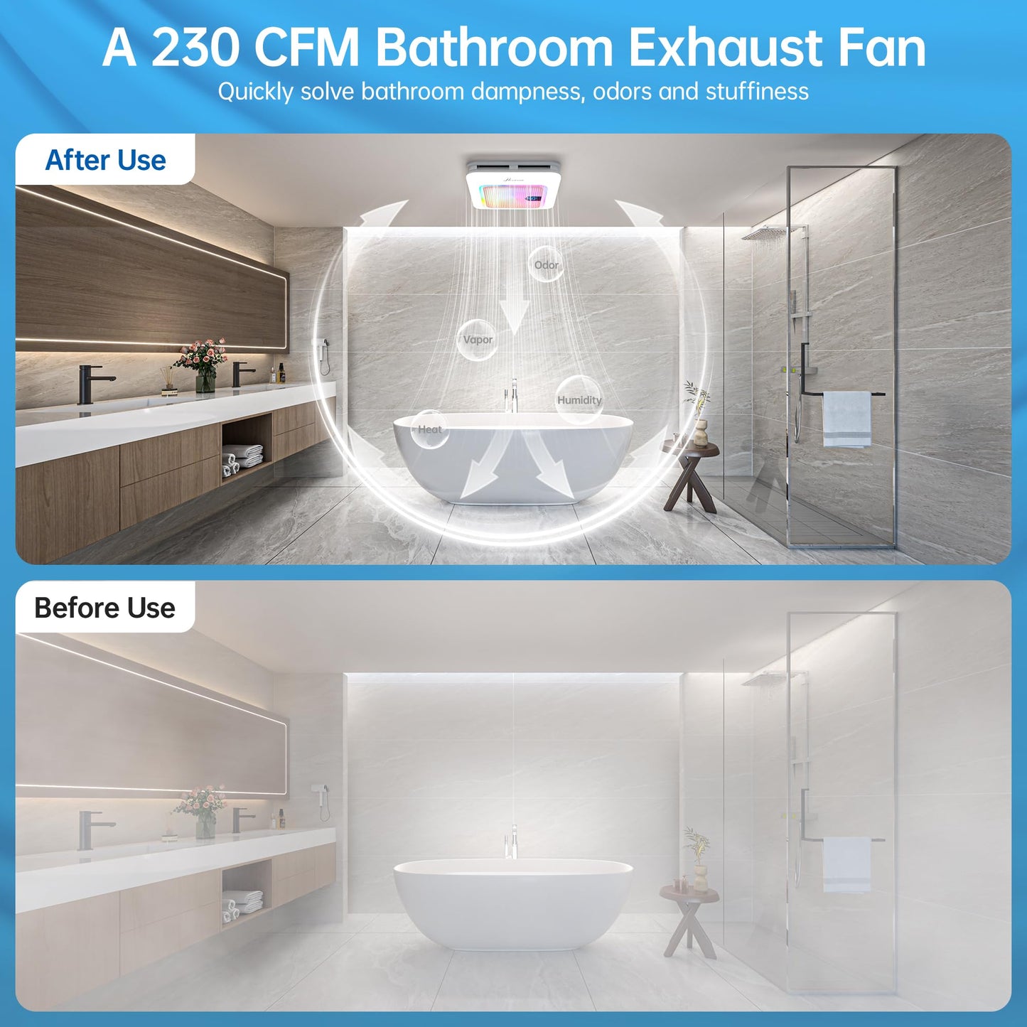 Hawkrown Bathroom Exhaust Fan with Bluetooth Speaker, 230 CFM 1.0 Sone Bathroom Exhaust Fan with Light, 3 Dynamic Light, 7 LED Color, 3 Color Temperatures, Nightlight,Remote, Easy Install