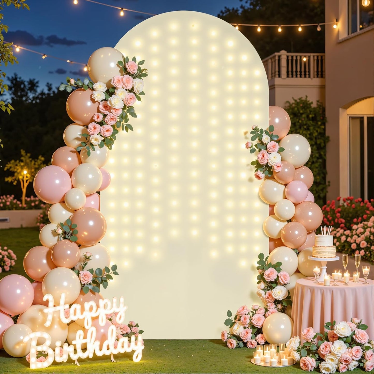 Suppromo 6ft Beige Arch Cover with Lights Beige Spandex Wedding Arch Backdrop Cover for Bridal Shower Birthday Party