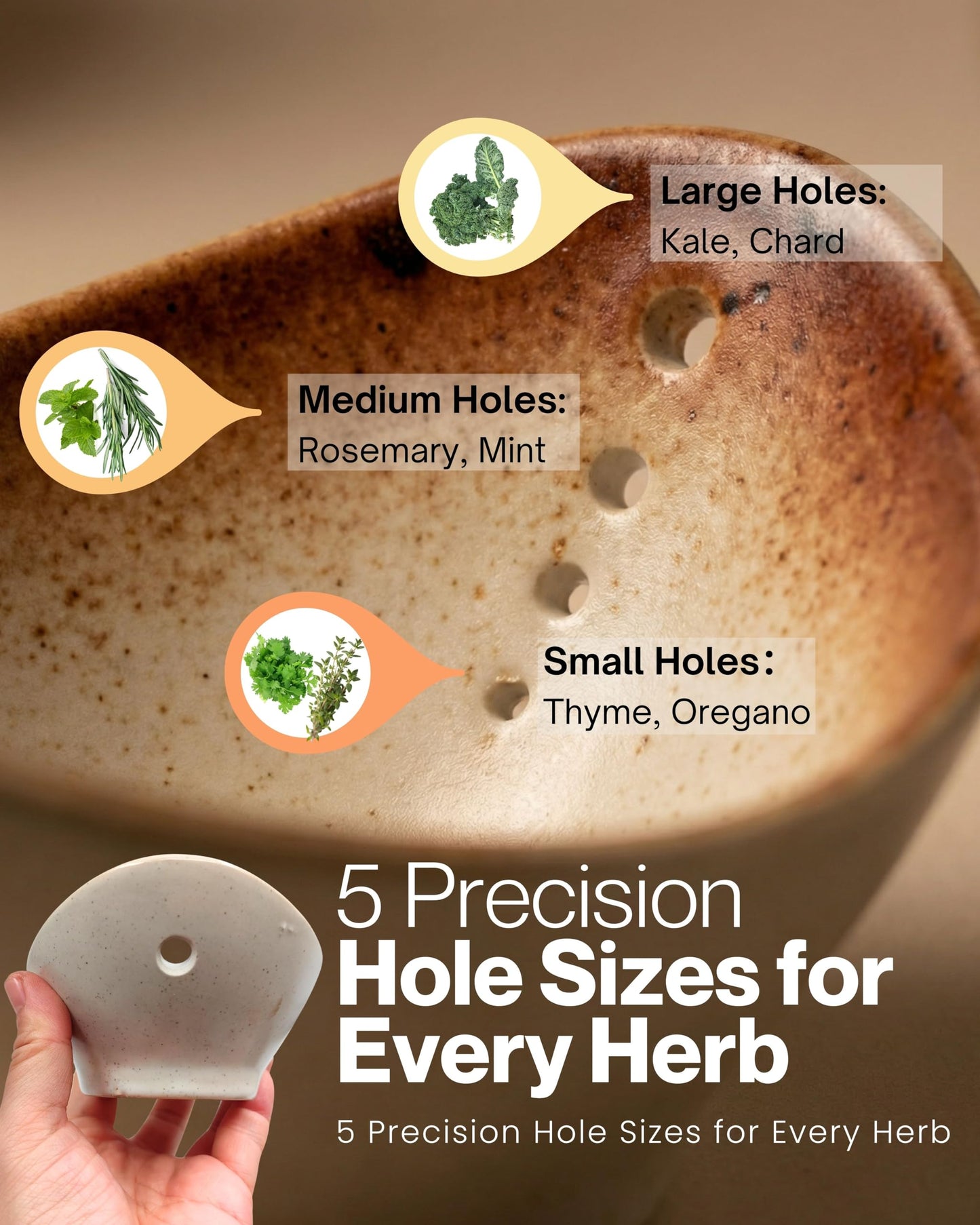 Loyipu Herb Stripper Bowl, Handmade Ceramic Leaf Remover Tool for Basil, Parsley & Cilantro, Multi-Sized Holes Stem Separator, Textured Glaze Kitchen Gadget