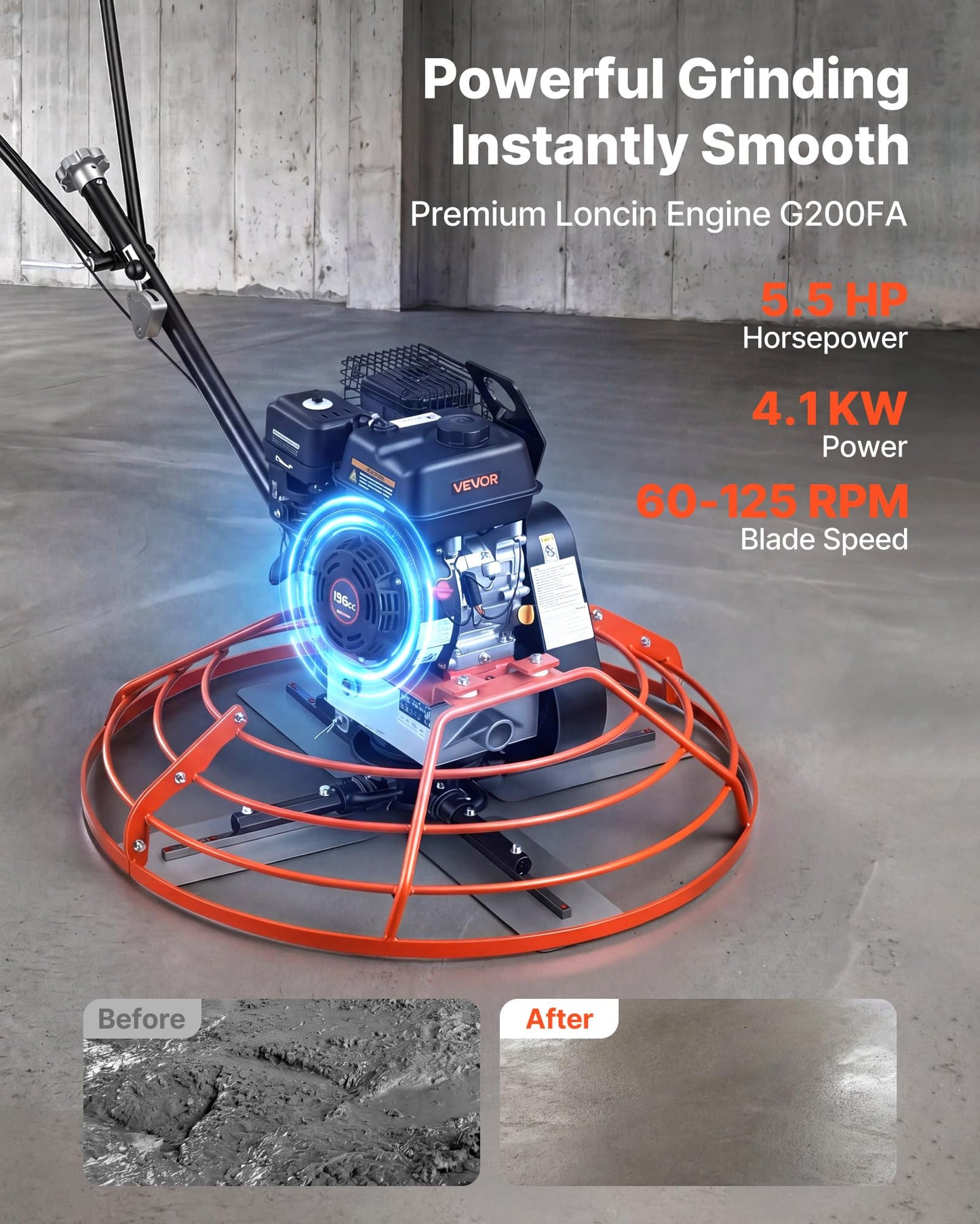 VEVOR Power Trowel, 34.8 inch Trowel Diameter Concrete Finishing Machine, 5.5HP Engine, 4 Blades, Adjustable Pitch, Gas-Powered Walk-Behind Cement Surface Finisher for Smooth Floors, Construction
