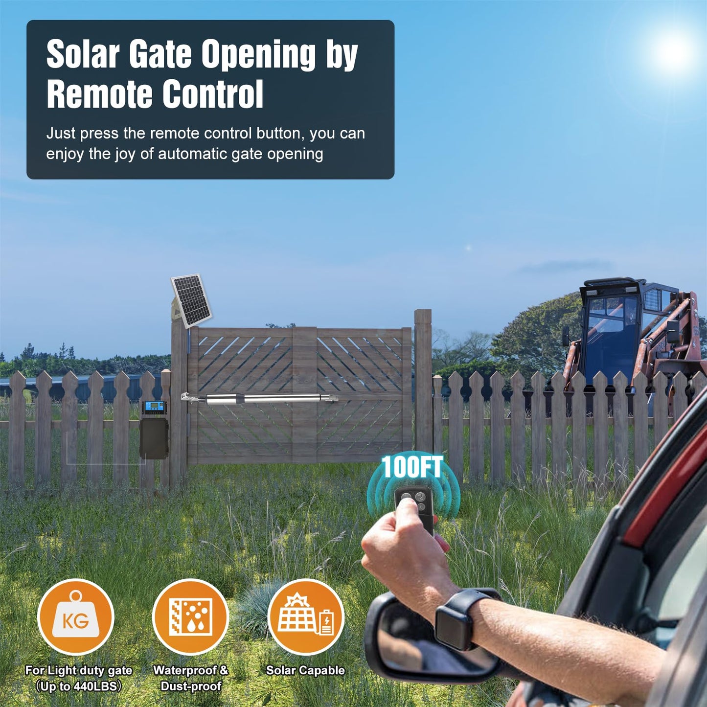 JUJIANG C01 Solar Gate Opener with Batteries & Solar Panel for Single Swing Gates Up to 440lb 12FT Automatic Gate Openers with Remote Complete Kit Light Duty Automatic Gate Openers Solar Powered