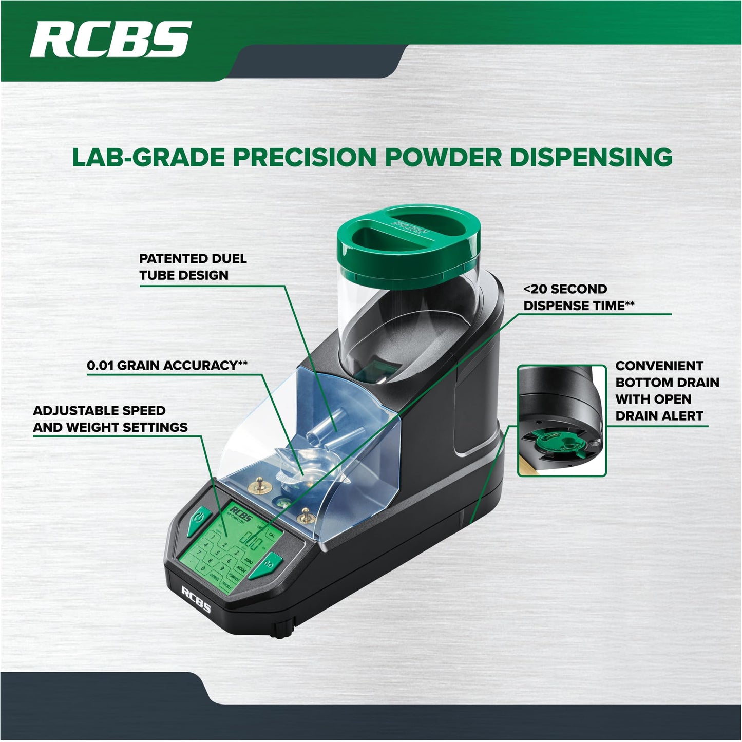 RCBS MatchMaster Powder Dispenser – Dual Tube Technology – 0.04 Grain Accuracy – Black/Green