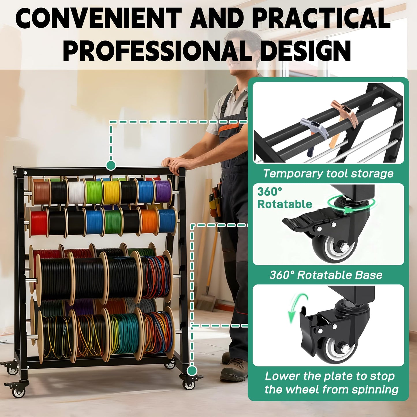 Ustinian Wire Spool Rack, Cable Organizer and Reel with Locking Wheels,Equipped with an adjustable spindle rod, For Electrical and Industrial Use, Holds up to 12 spool rods, 400 pound weight capacity