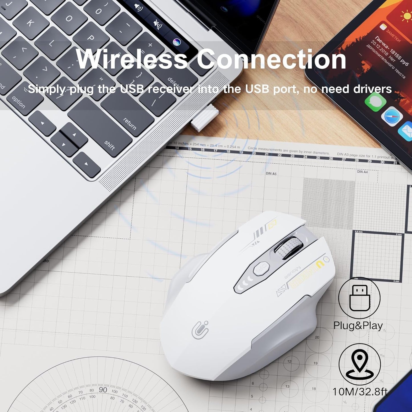 Uineer 2.4GHz Mouse,4 Wireless Mouse,[Upgraded] Rechargeable (Battery Level Visible) Ergonomic Computer Levels DPI