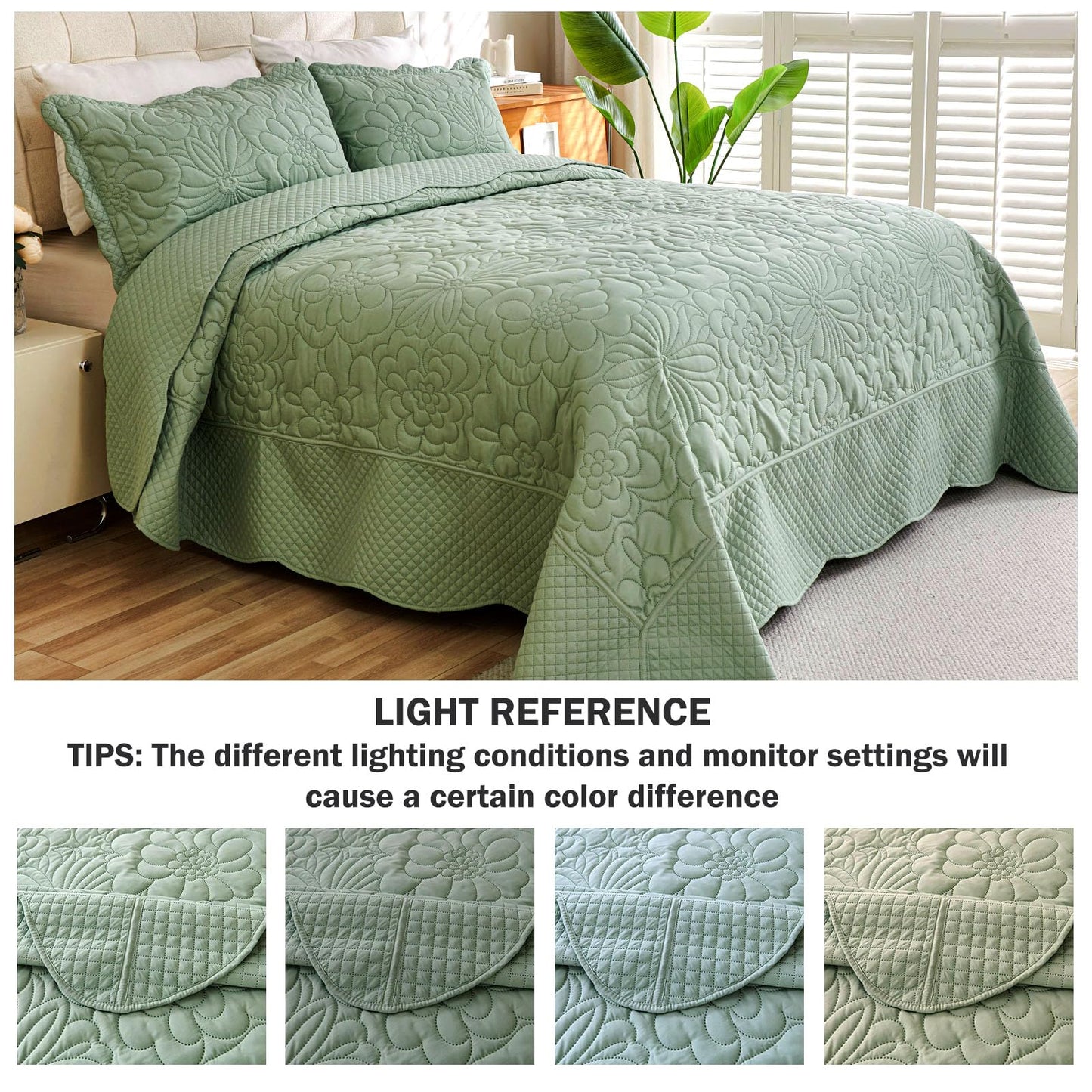 Cmfshape Oversized King Quilt Set Bedspread 128x120-Sage Green California King Quilts 3 PCS-Lightweight Quilted Bedding Extra Large-Floral Coverlet for All Season