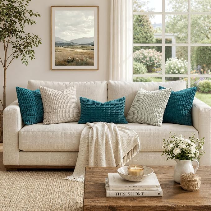 MIULEE Pack of 2 Corduroy Decorative Lumbar Throw Pillow Covers 20x12 Inch Soft Boho Striped Pillow Covers Modern Farmhouse Home Decor for Summer Coastal Sofa Living Room Couch Bed Teal